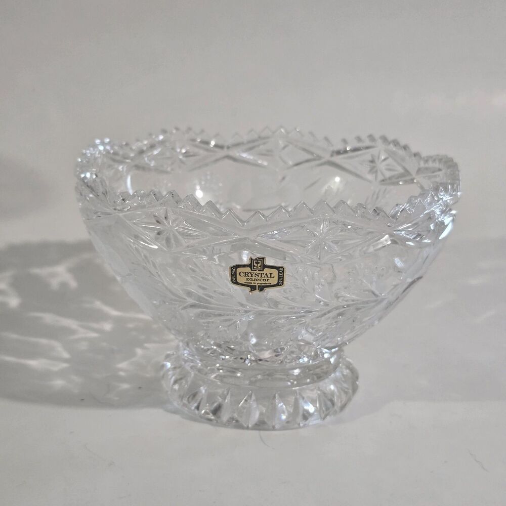 Vintage - Zajecar - Bowl - Lead Crystal Hand Cut Etched Roses Sawtooth Edge